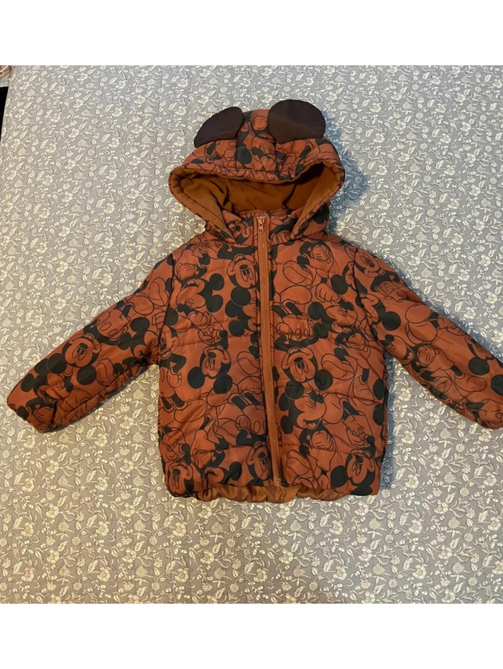 Disney Mickey Mouse 3T Puffer Jacket Rust Brown Hooded Ears Toddler Winter Coat